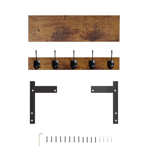 Wall Hooks with Shelf, Wood Coat Rack with Shelf Wall-Mounted, Entryway Hanging Shelves with 5 Metal Hooks for Clothes Hats Towel Purse Robes, Bathroom Mudroom Bedroom, Rustic Brown - size: 16 inch Long