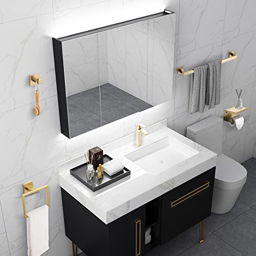 Brushed Gold Bathroom Towel Bar Holder Sets Premium Stainless Steel 4-Piece Bathroom Hardware Set Wall Mounted Bathroom Toilet Paper Holder with Shelf Set. - color: Brushed Dark Gold, size: 4-Pieces Set-B