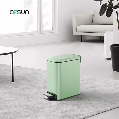 Cesun Small Bathroom Trash Can with Lid, 1.6 Gal, Soft Close, Sage Green | Step pedal soft close, Slim 5.9in fits narrow spaces, Stainless steel, Anti-fingerprint, Removable inner bucket, Odor seal - color: Sage Green