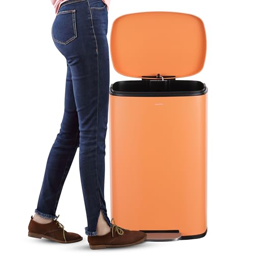 happimess Connor 2-Piece Iron Trash Can, Carrot Cake | 13.2 And 1.3 Gallons, Rectangular, Soft-Close Lid, Step Pedal, 20 Liners, 26" And 12" Height - color: Carrot Cake