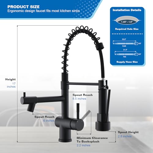 VFAUOSIT Commercial Kitchen Faucet with Pull Down Sprayer, Matte Black | Dual Outlets, Hands-Free Buckle Lock, Tilted Pot Filler, 360° Independent Rotation, cUPC/CEC Certified, 500,000-Cycle Valve - color: Matte Black-01