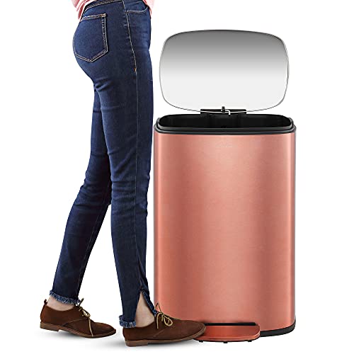 happimess Connor 2-Piece Stainless Steel Trash Can, Rose Gold | 13.2 and 1.3 Gallons, Rectangular, Soft-Close Lid, Fingerprint Resistant, Step Pedal, 20 Liners, 26" and 12" Height - color: Rose Gold