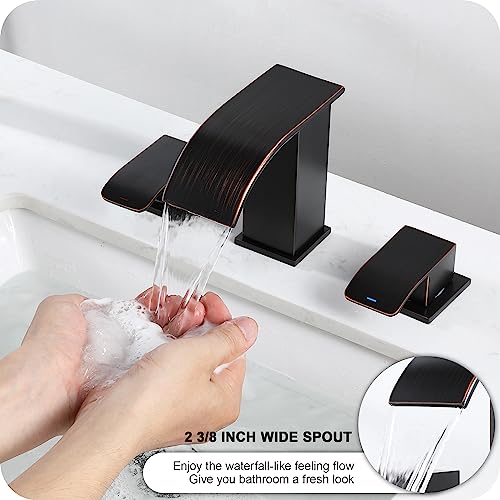 GAGALIFE 8 Inch Waterfall Bathroom Faucets 3 Hole - Oil Rubbed Bronze Widespread Bathroom Faucet with Pop-up Drain, Two Handles Bathroom Sink Faucet, Modern Vanity Sink faucets with Supply Lines - color: Oil Rubbed Bronze, style: With Drain
