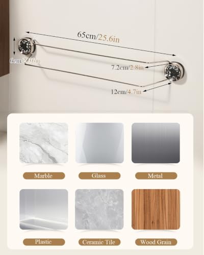 Suction Cup Towel Bar No Drill, Double Rod Bathroom Towel Holder | Vintage Floral Chrome, 65cm/25.6in Removable Vacuum Wall Mount Rack for Tile Glass and renters