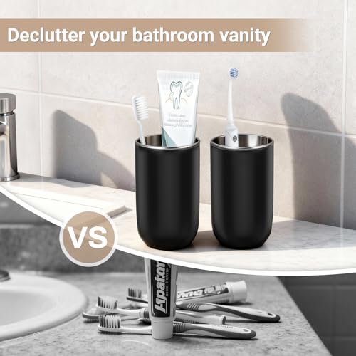 Unbreakable Stainless Steel Toothbrush Holder Tumbler Cup for Bathroom 13oz | Reusable Kids Bathroom Tumbler Cup & Tooth Brush Holder, Mens Countertop Toothpaste Organizer Storage Set, Black 2 Pack - color: Black