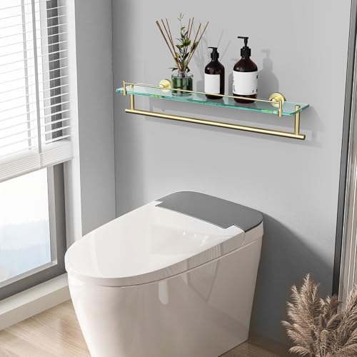 24-Inch Towel Rack with Shelf -Tempered Glass Bathroom Shelf with Towel Bar - Brushed Gold Modern Stainless Steel, Wall Mount Rustproof Tower Holder - color: Brushed Gold, size: 24-inch with Railing