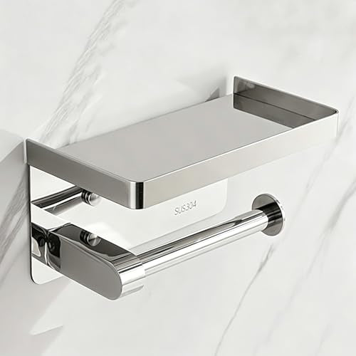 304 Stainless Steel Brushed Nickel Toilet Paper Holders with Shelf,Wall Mount Dual Installation,Self Adhesive Peel and Stick No Drill/Screw In Tissue Roll Holder,Silver Metal TP Holder for Bathroom RV