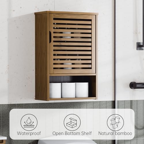 HITNET Medicine Cabinet, Wall Hanging Cabinet with Adjustable Shelf, Bathroom Storage Organizer Over the Toilet with Single Door and Open Bottom Shelf, Walnut - color: Walnut
