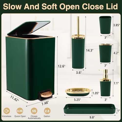 XLHOMO Bathroom Set Bathroom Accessories Set 8 Piece Green and Gold Bathroom Set, Bathroom Sets with Stainless Steel Trash Can,Toilet Brush,Toothbrush Set,Soap Dispenser - size: Hunter Green, style: Bath Set