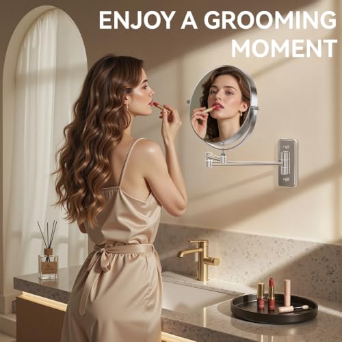 Auxmir 8" Double-Sided Wall-Mounted Makeup Mirror, 1X/30X Magnifying Mirror | stainless steel, 13-inch extendable swivel arm, 360°shaving rotation, bathroom makeup mirror, tweezers, Chrome - color: Chrome-1x/30x