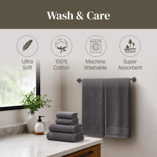 Modern Threads 6 Piece Cotton Bath Towel Set – Ultra Soft 550 GSM Towels – Bathroom Set with Hand Towels and Washcloths – Geometric (Charcoal) - color: Charcoal, style: Geometric