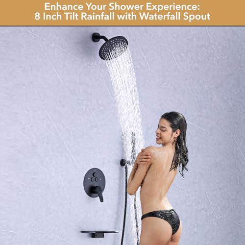 VANFOXLE Shower Faucet Set Matte Black Shower System, Push Button Diverter | 8 Inch Wall Mount Head, 2-in-1 Handheld Sprayer, 9 Inch Bathtub Waterfall Spout, Solid Brass Valve, Rust Resistant - color: Matte Black, style: 8 Inch