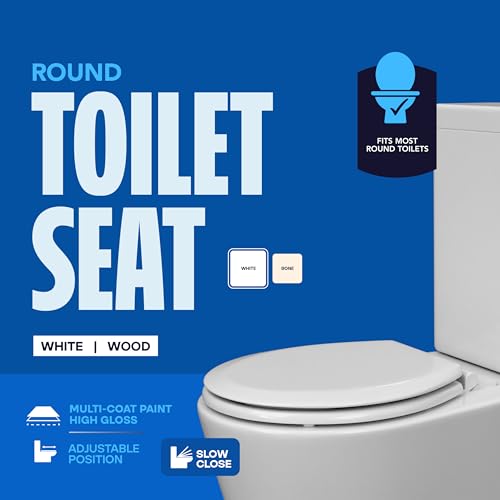 HIGHCRAFT Premium Round Toilet Seat with Slow-Close Design & Adjustable Hinges - Molded Wood Toilet Seat - Fits Standard Round Toilets - Round Seat in White - color: White, size: Round