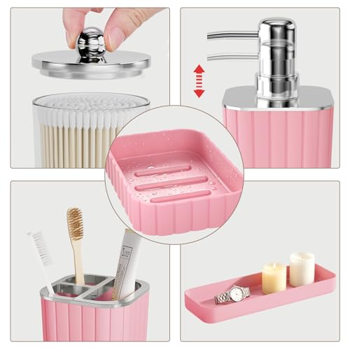 XLHOMO Bathroom Accessory Set - Gorgeous Bathroom Set, 7PC Pink Bathroom Set, Soap Dispenser, Toothbrush Holder, Qtip Holder, Bathroom Sets Complete, Bathroom Sink Set for Home Decor - style: Pink&Silver