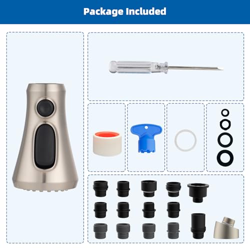 Hibbent Pull Down Kitchen Faucet Head Replacement, NSF/ANSI/CAN 61 & CUPC Certified 3-Function Sink Spray Nozzle with 15 Adapters Compatible with Moen, Delta, Kohler Faucets, Brushed Nickel - color: Brushed Nickel, style: 1.8 Gallon Per Minute