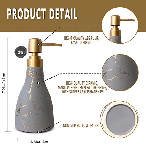 Grey Ceramic Soap Dispenser for Bathroom & Kitchen with Marble Pattern Liquid Hand Dispenser Pump Bottle (Grey) - color: Gray