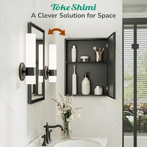 14 x 18 Recessed Medicine Cabinet, Assembly Required, Black Bathroom Medicine Cabinet with Mirror, Stepless Adjustable Shelves, Tempered Glass, Beveled Aluminum Frame - color: Black, size: 14x18 in