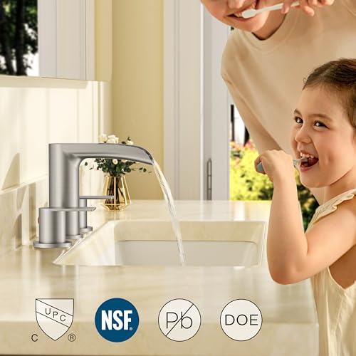 FORIOUS Bathroom Faucet 3 Hole Widespread Sink 8 Inch Brushed Nickel | 3-hole 6-12 Inch Widespread Sink, Waterfall Faucets, with Drain and Hoses,for Vanity Rv Commercial Lavatory Restroom Basin - color: Stainless Steel