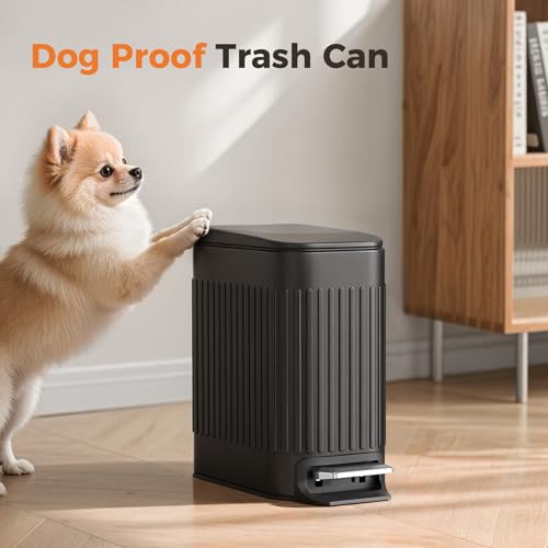 TrashAid Small Black Bathroom Trash Can with Lid Soft Close & Pedal, 1.6Gal | Removable Inner Bucket, Stainless Steel Garbage Can, Slim Wastebasket for Toilet/Office/Bedroom, Retro Design, Odor Control - color: Black