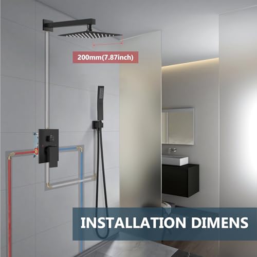 Aolemi Shower Faucet Set with Handheld Matte Black 8 Inch Head | Pressure Balance Shower Valve and Trim Kit,SUS304 Rain Head and Handle System,All Metal,Wall Mount,Bathroom,Handheld Spray - color: Black, size: 8 Inch Wall Mount Shower Head