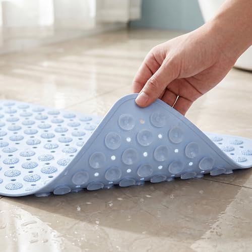 Shower Mat Non Slip, Quick Dry Bathtub Mat with Suction Cups and Drain Holes to Keep Tubs Clean, Soft on Feet Surface, Bathroom Essentials Floor Liner, 25.6" x 13.8", Blue