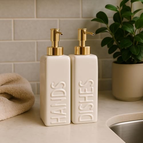 Ceramic Dish and Hand Soap Dispenser Set, 2 Pack with Stainless Steel Pump | Refillable bottles with an included funnel for easy refills and daily use, adding a stylish touch to kitchens and bathrooms. - color: Matte White, Gold Pump