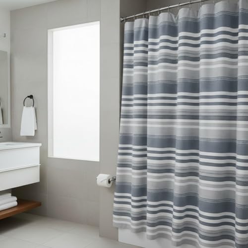 Modern Coastal Stripe Shower Curtain, Blue White Gray Thick Cotton, 72x72 | Elegant Modern Nautical Beach Striped Denim White Grey Hotel Feel Fabric, 72" x 72" Luxury Cloth Bathroom Décor - color: Oasis Blue