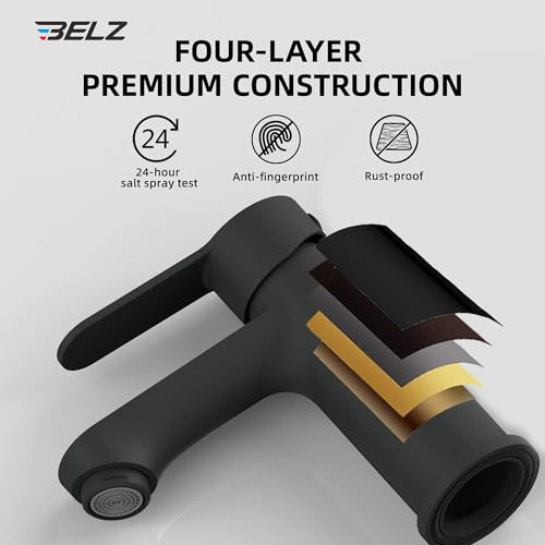 BELZ Black Bathroom Faucet, Lead-Free for 1 or 3 Hole 4" Vanity Sink | NSF372 Compliant,Anti-peeling PVD Finish,Includes Pop-up Drain & Hoses,Single Handle Modern Design, Easy DIY Install - color: Matte Black