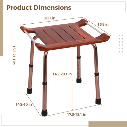 Teak Shower Bench with Handles, Waterproof Solid Wood Shower Stool, 7 Adjustable Shower Chair with Storage Towel Shelf & Drain Grooves, Easy Grip, Bathtub/Bathroom/Outdoor Use, 300 LBS