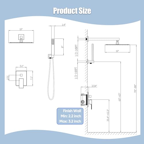 Gabrylly Rain Shower Head with Handheld Spray Combo, 10", Brushed Nickel | All Metal Shower System, High Pressure Rainfall Shower Faucet Set, Solid Brass Shower Valve Complete Shower Set for Bathroom - color: Brushed Nickel, size: 10 Inch