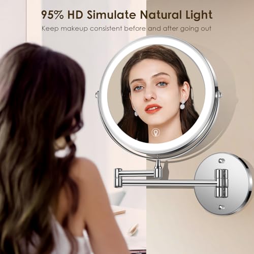 MNIENT Wall Mounted Lighted Makeup Mirror, 1x/10x Rechargeable Magnifying | 3 Colors, Adjustable Brightness Mirror, Double-Sided, 360° Rotation Foldable Led Vanity Mirror with Lights