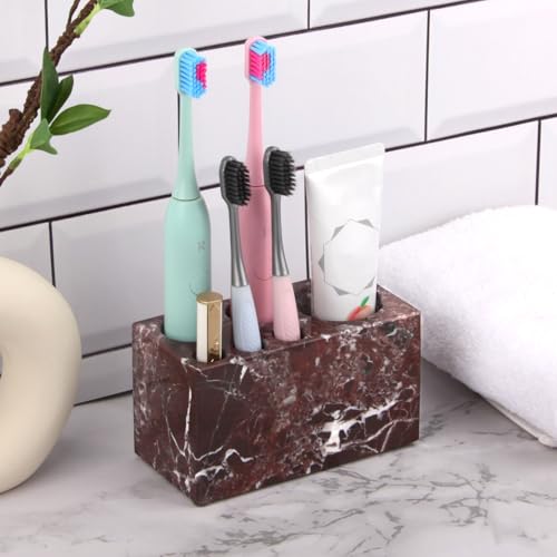 Natural Marble Toothbrush Holder, Rosso Lepanto, 6 Slots | Large Bathroom Organizer Countertop, Ventilation Design, Stone Toothbrush and Toothpaste Stand, Non-Slip Silicone Pads - color: Rosso Lepanto, size: 6 Slots
