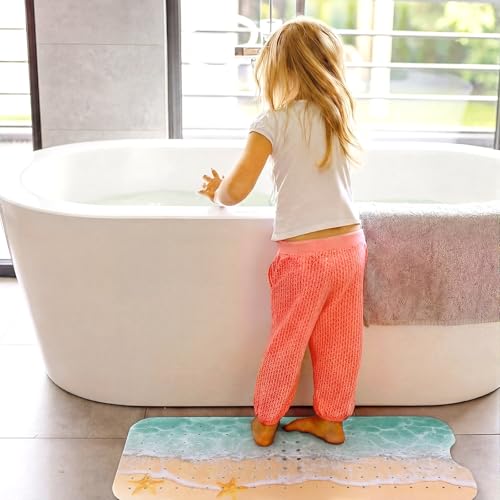 Breling Summer Beach Bathtub Mat Non Slip, 40 x 16 Inch Tub Mat for Bathroom, Starfish Bath Tub Shower Mats with Drain Holes and Suction Cups, Beach Ocean Themed Coastal Bathroom Decor - style: Art Deco