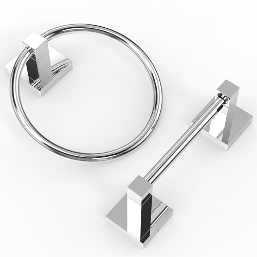 RUACQ Chrome Toilet Paper Holder & Towel Ring, Bathroom Accessories | 2-Piece Bathroom Hardware Set, Pivoting Tissue Roll Holder, Hand Towel Ring, Square Base, 304 Stainless Steel, Wall Mounted - color: Chrome, size: 2pcs