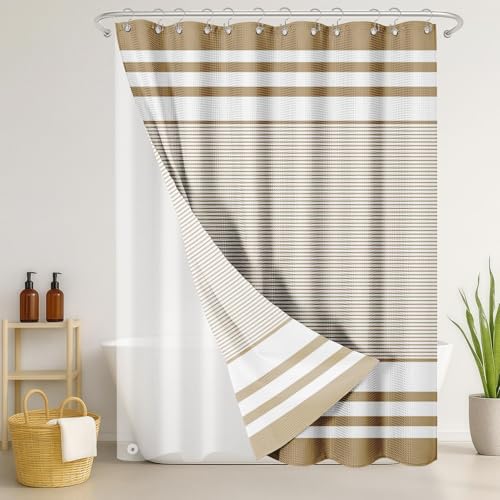 3 in 1 Shower Curtain and Liner,72 x 72 inch, Striped Modern | Navy Blue Modern Modern Double Layers Waterproof Fabric with See Through Top Window Open Grommet Bath Curtain - color: Striped Tan