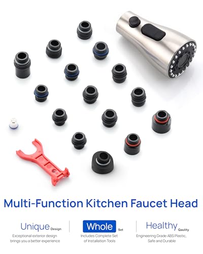 J-HVA Pull Down Kitchen Faucet Sprayer Head Replacement Part,Brushed Nickel | with 15 Adapters, 3 Function Pull Out Sink Sprayer Replacement Nozzle, Kitchen Faucet Head Hose Spray Tap Spout - color: Brushed Nickel
