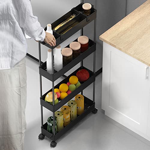 Slim Storage Cart 4 Tier,Bathroom Organizer Rolling Utility,Mobile Shelving Unit Slide Out for Office, Kitchen, Laundry Room & Narrow Places,Black - color: Black