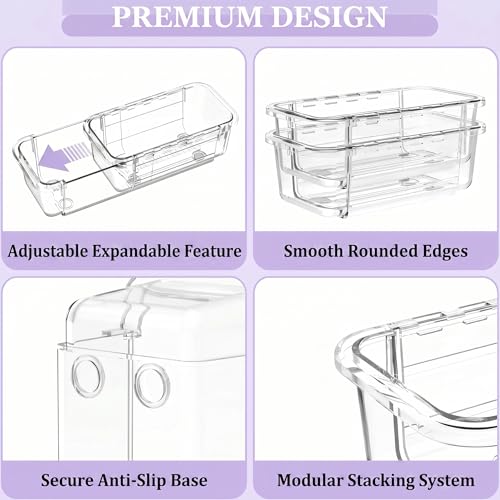16 Pcs Extendable Clear Drawer Organizer|2-Size Expandable Drawer Dividers | Expanding Plastic Storage Boxes, Arcrylic Storage Bins for Vanity Makeup Drawer Dresser Kitchen Utensils DIY Desk Office - size: 16PCS