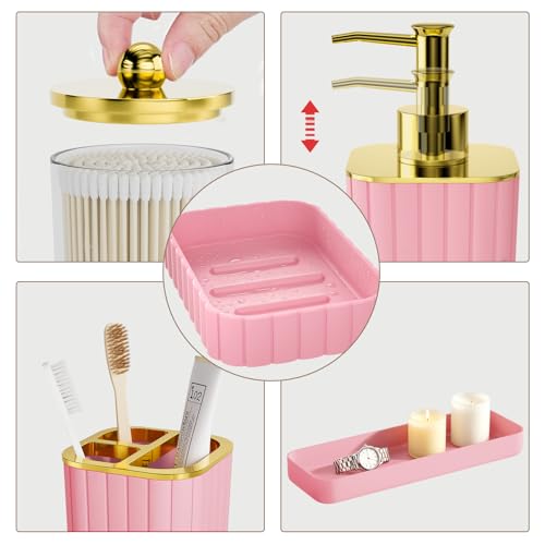 XLHOMO Bathroom Accessory Set - Gorgeous Bathroom Set, 7PC Pink Bathroom Set, Soap Dispenser, Toothbrush Holder, Qtip Holder Set, Bathroom Sets Complete, Bathroom Sink Set for Home Decor - style: Pink&Gold
