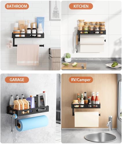 Paper Towel Holder Wall Mount for Kitchen, One-Handed Tear, Bathroom Paper Towel Holder with Shelf, RV Paper Towel Rack Wall Mount Paper Roll Holder with 4 Hooks, Matte Black - color: Matte Black