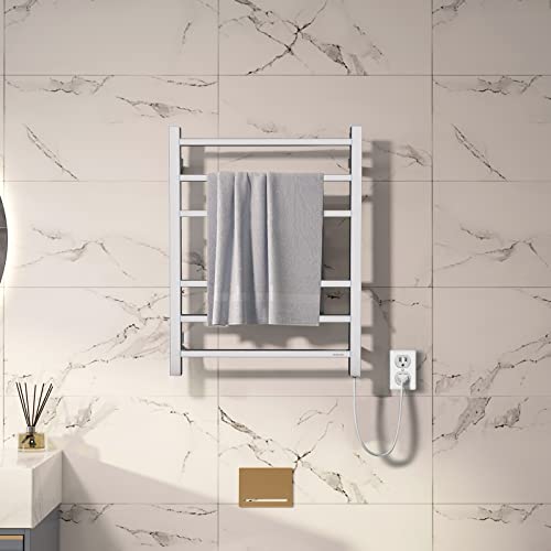 Towel Warmer Polished Chrome for Bathroom Wall Mounted Bath Towel Heater Plug-in Electric Heated Towel Rack Stainless Steel Square 6 Bars Drying Rack ETW13C 68W 26.77x20.47x4.13 inches