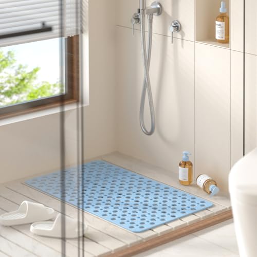 HITSLAM Bathtub Mat Non Slip, 30 x 17 Inch TPE Bath Mat for Tub, Efficient Drainage Bathroom Shower Mat with Suction Cups, Bath Tub Mat, Soft on Feet and Easy to Clean, Blue - color: Blue, size: 30" x 17" (Rectangular)
