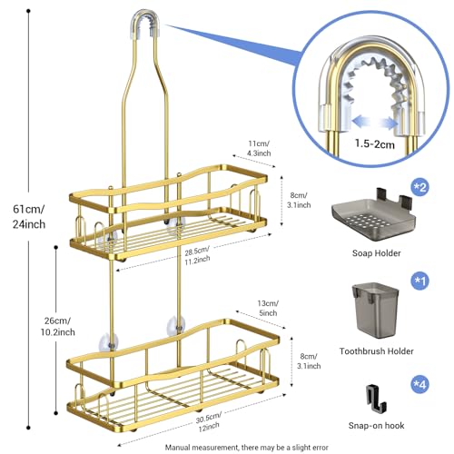 Hanging Shower Caddy Over Shower Head - No Drill Rustproof Shower Rack | Includes Soap Holder and Hooks for Shampoo, Conditioner, and Bathroom Essentials with Stable Storage in Any Shower Space - color: Gold