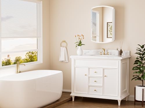 Keonjinn Medicine Cabinet 16 x 26 Inch, Surface Mount or Recessed Cabinets with Mirrors, White Metal Framed Wall Mirror with Storage, 2 Adjustable Shelves, Beveled Edge Frame | Adjustable Shelves, Different Curved Frame Design, Wall Mirror with Storage, S