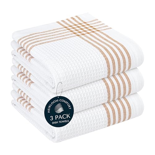 Brown and White Cotton Kitchen Towels 3 Pack, Waffle Weave, 16x26 Inch, Super Absorbent, Reversible, Quick Dry Dishcloths for Drying Dishes, Cleaning, Reusable, Everyday Use - color: Brown, White, style: 3 Pack
