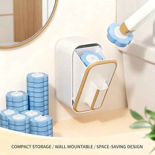 Disposable Toilet Brush with 48 Refills Holder Wall Mount Scrub kit | Built-in cleaner, Ergonomic wand, Long handle, No wash,Click-discard, 2x Adhesive Sheet - color: 1 Wand+48 Refills