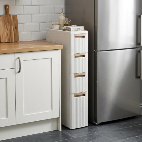 Byroce 4-Tier Narrow Storage Cabinet with Wheels, Slim Rolling Plastic Drawer Organizer with Removable Dividers, Skinny Storage Cart for Small Spaces, Bathroom & Kitchen (1PC, 4-Drawer), Beige - size: 4-Drawer
