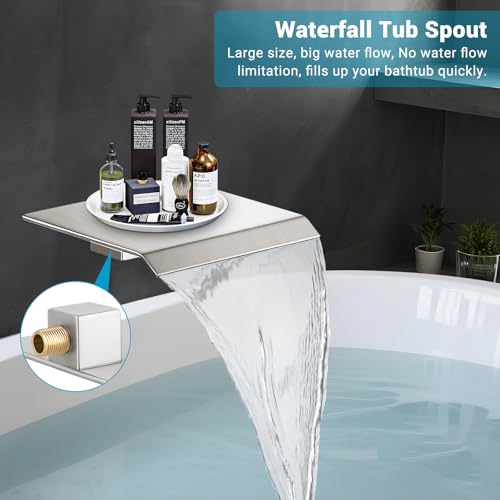 10" Rain Shower Faucet Set with Tub Spout, Brushed Nickel | Anti-scald cartridge, air tech boosts pressure 50%, 3-func diverter, NPT 1/2 - color: Brush Nickel, style: 10"-Wall Mount(With Tub Spout)