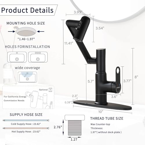 CHOMELY Single Hole Rotatable Bathroom Faucet with Temperature Display in Fahrenheit (Batteries-Free) 3 Water Modes 360 Degree Rotating Sink Faucet, Matte Black - color: Black