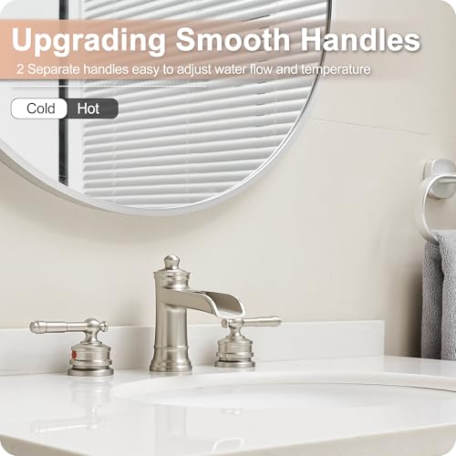 Waterfall Bathroom Faucet Matte Brushed Nickel, Brass 3 Hole Faucet Bathroom Sink Faucet Widespread 4-16 Inch Faucet for Bathroom Sink, 2 Handle Bathroom Faucets with Pop-up Drain & Water Hoses - color: Matte Brushed Nickel - Classic